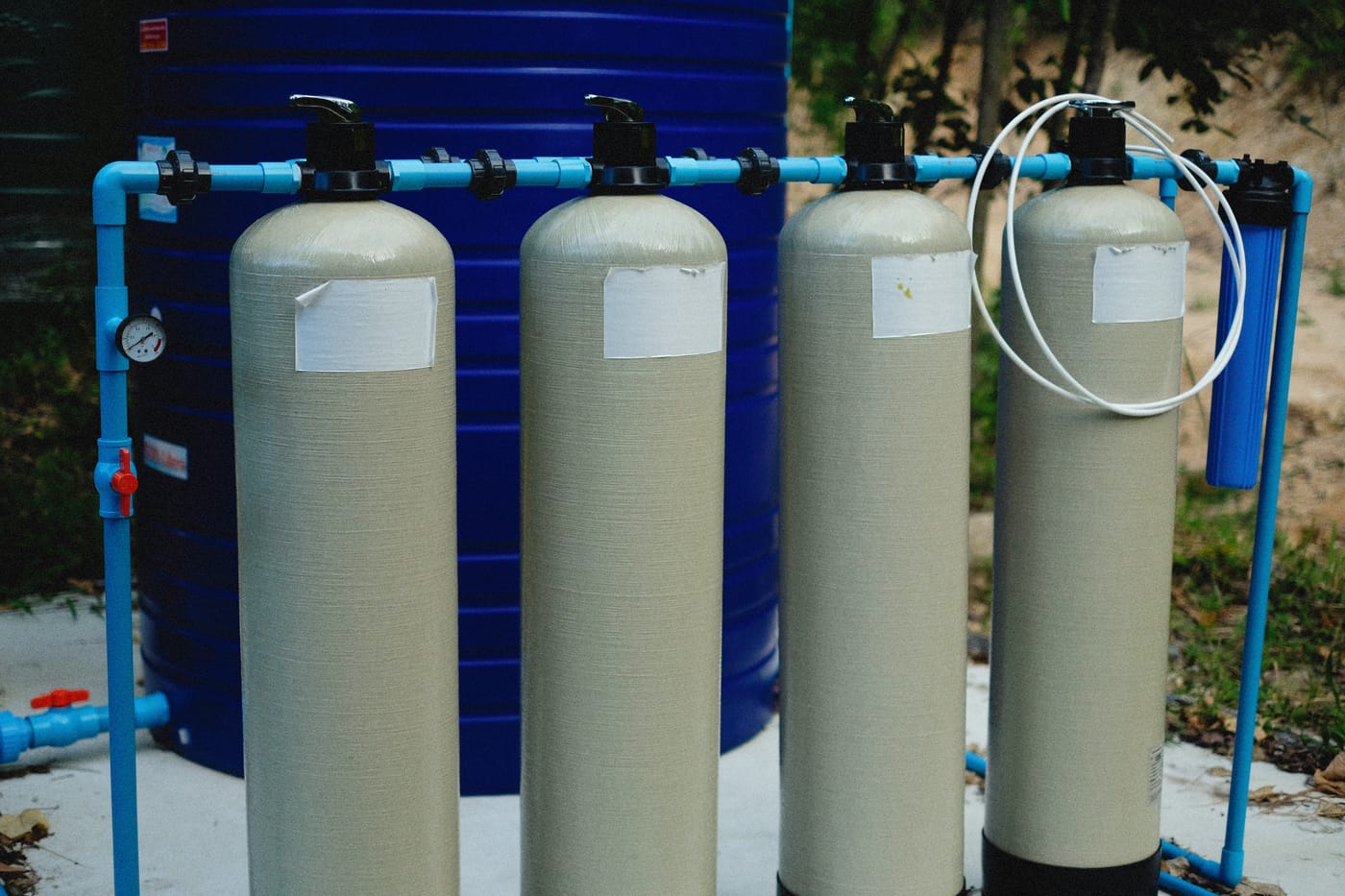 Multi-tank water filtration and softening system installed on site